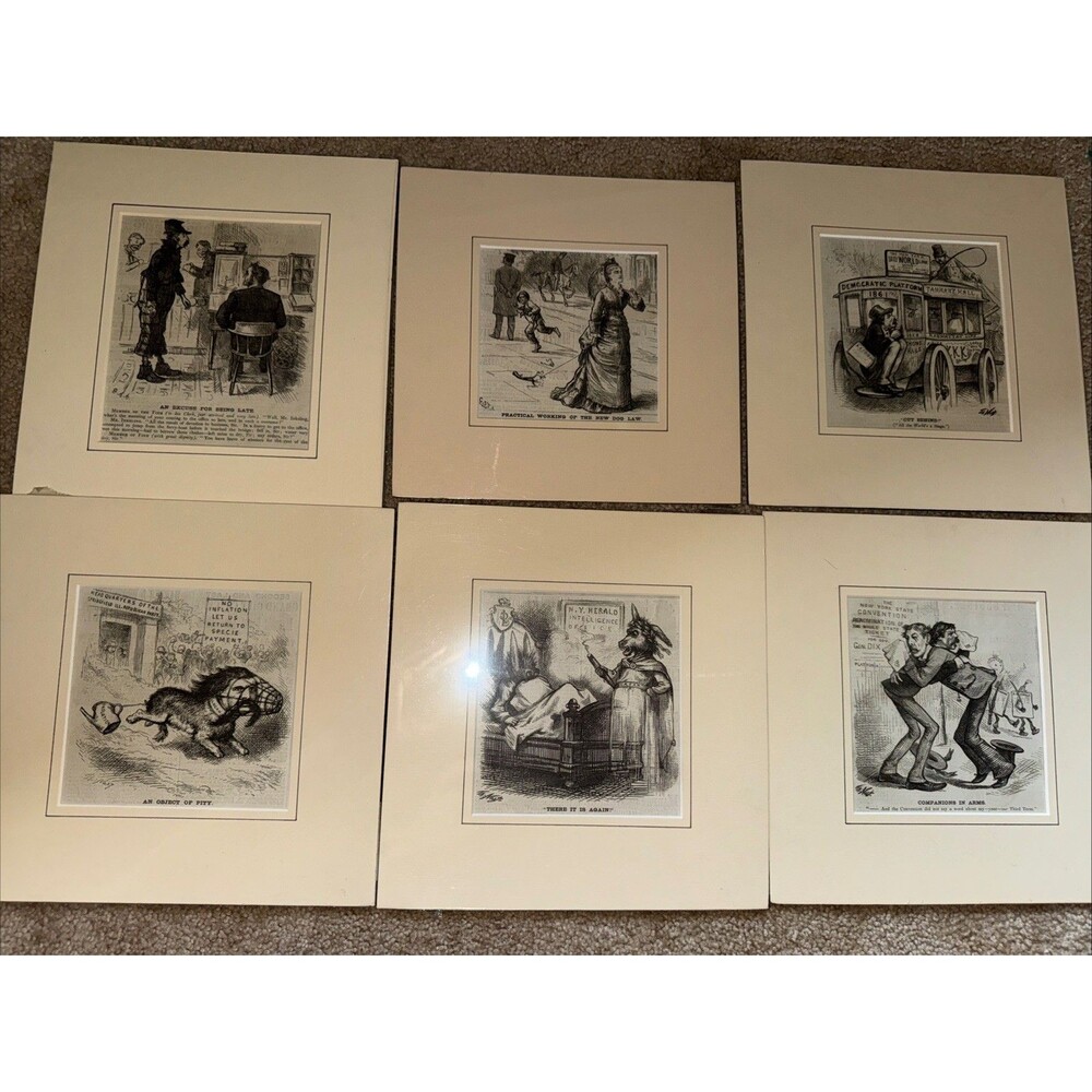 Lot of 6 Original 1874 Harper’s Weekly Political Cartoons Matted Gilded Satire